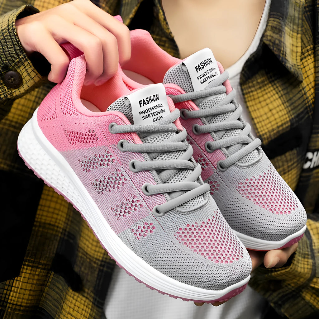Women's Flyknit running shoes in black, rose red, or grey pink with soft sole and lace-up front.