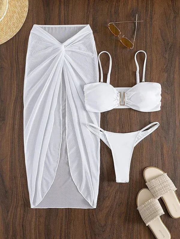 French style three-piece bikini set with long culottes skirt in multiple solid colours
