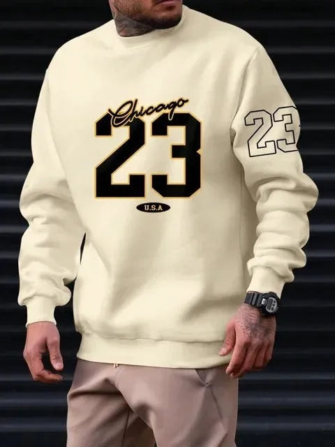 Men's art letter design fleece sweatshirt pullover in black, front view