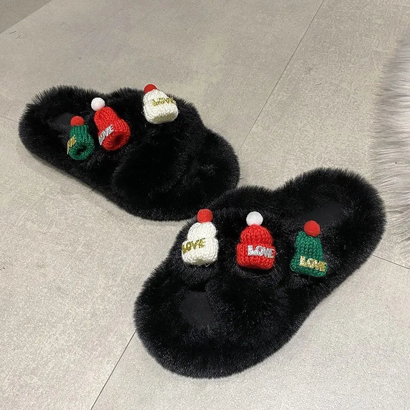 Women's Christmas hat decoration slippers in super hairy faux plush, showing black, khaki and white colour options.