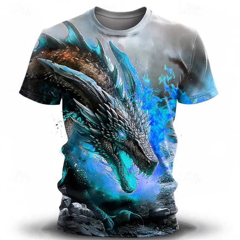 Men's grey T-shirt with a large, detailed 3D wind dragon print on the front, made from thin milk silk fabric.