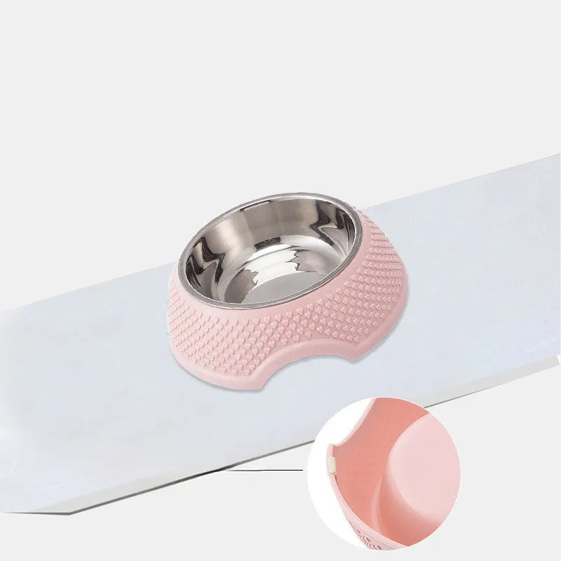 Blue stainless steel pet bowl with non-slip base for cats and small dogs.