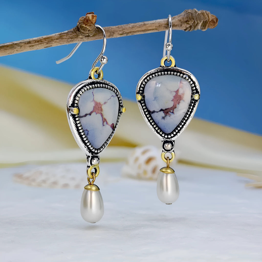 Retro blue electroplated drop earrings with geometric shape, synthetic blue opal and white pearl accents