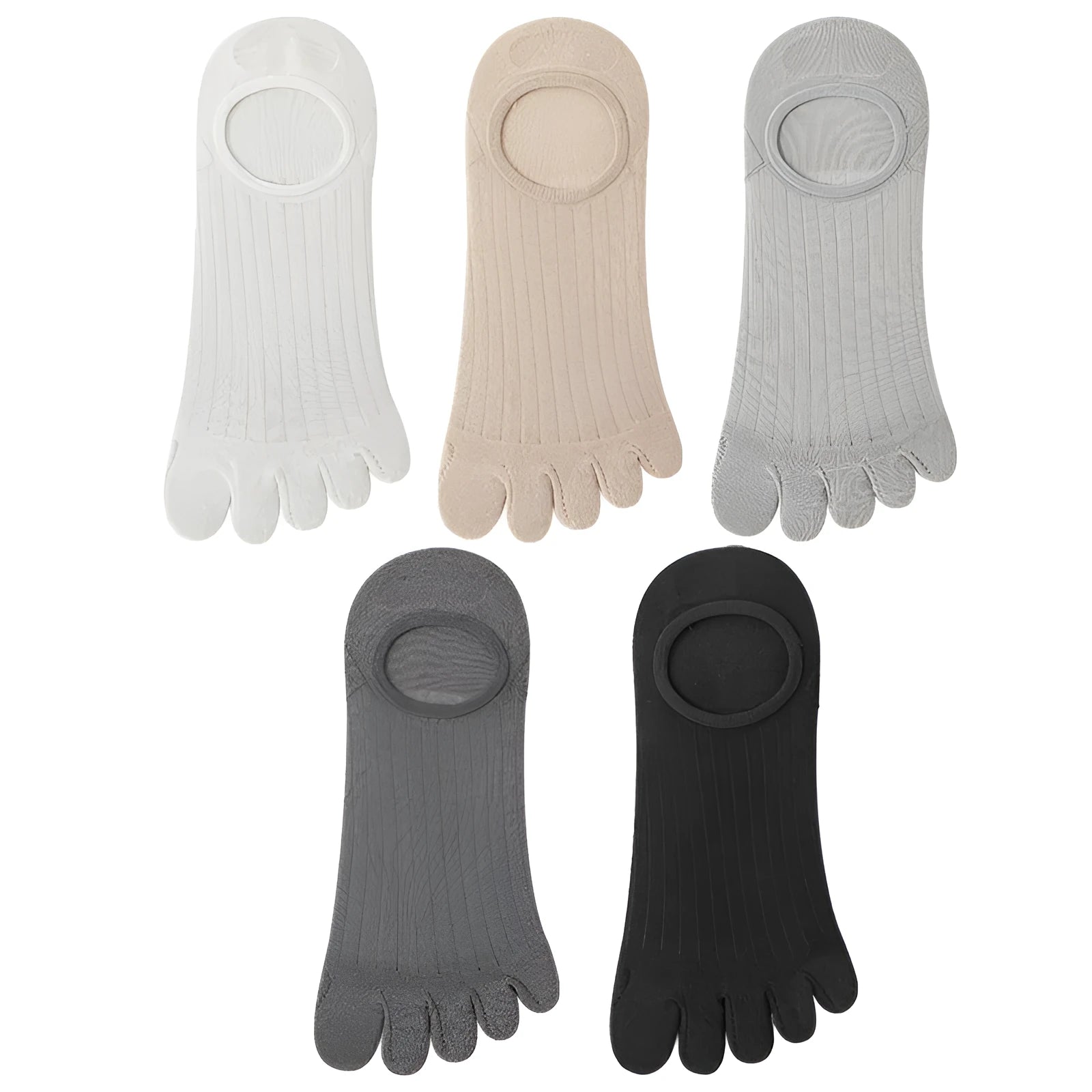 Men's five-finger invisible socks in modal fabric, shown in multiple colours including black, grey, khaki and white.