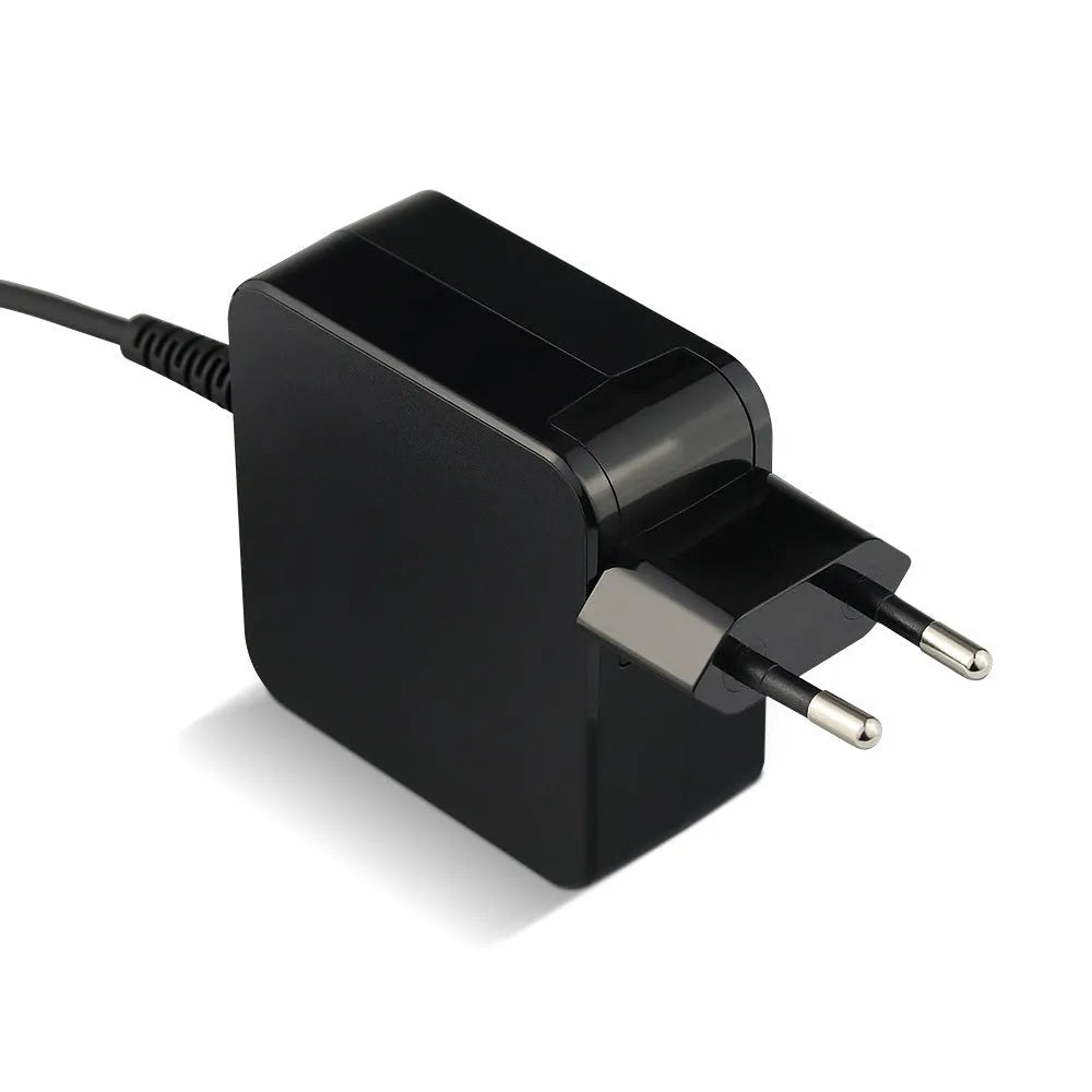 Black 45W laptop power adapter with American plug and DC connector showing dimensions