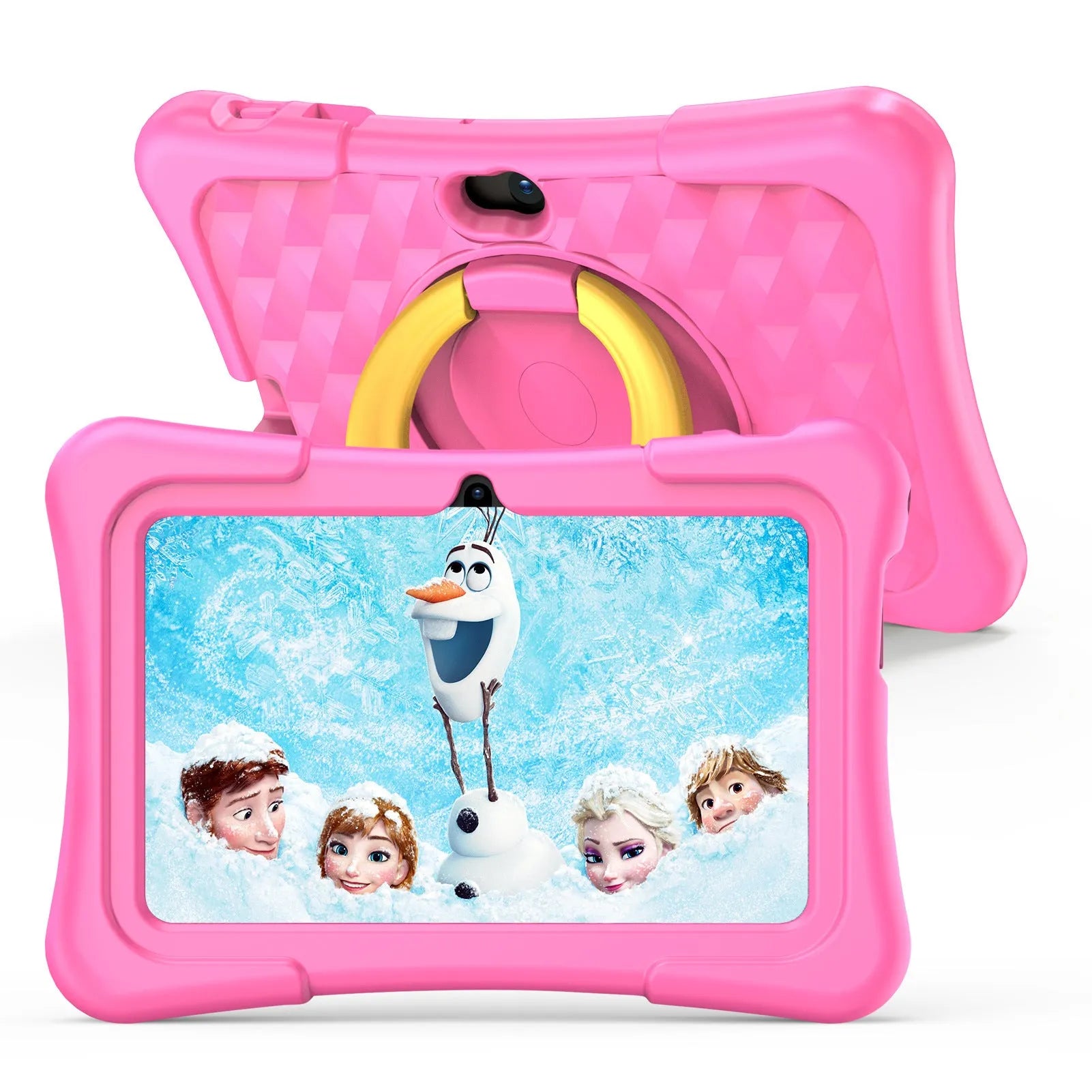 Blue 7-inch children's tablet with a silicone cover and a rotating carry handle attached
