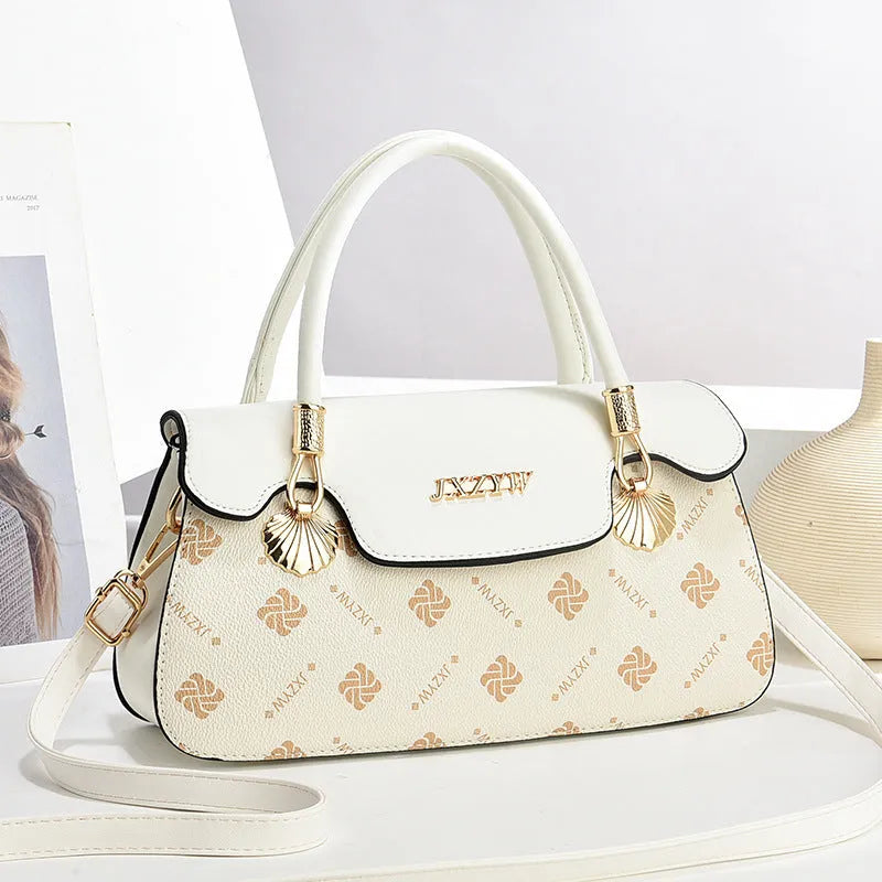 Women's cross-body handbag vintage letter-print PU leather medium 28x9x15cm brown colour front view
