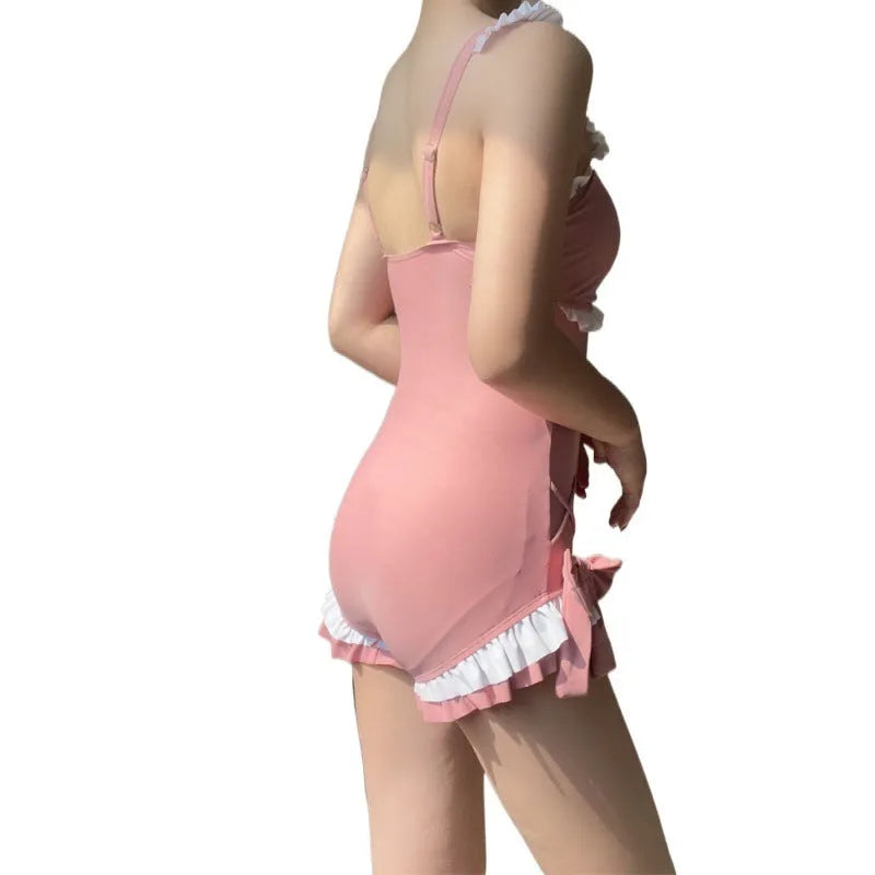 Women's milk silk one-piece swimsuit in solid pink or blue colour for sun protection swimming