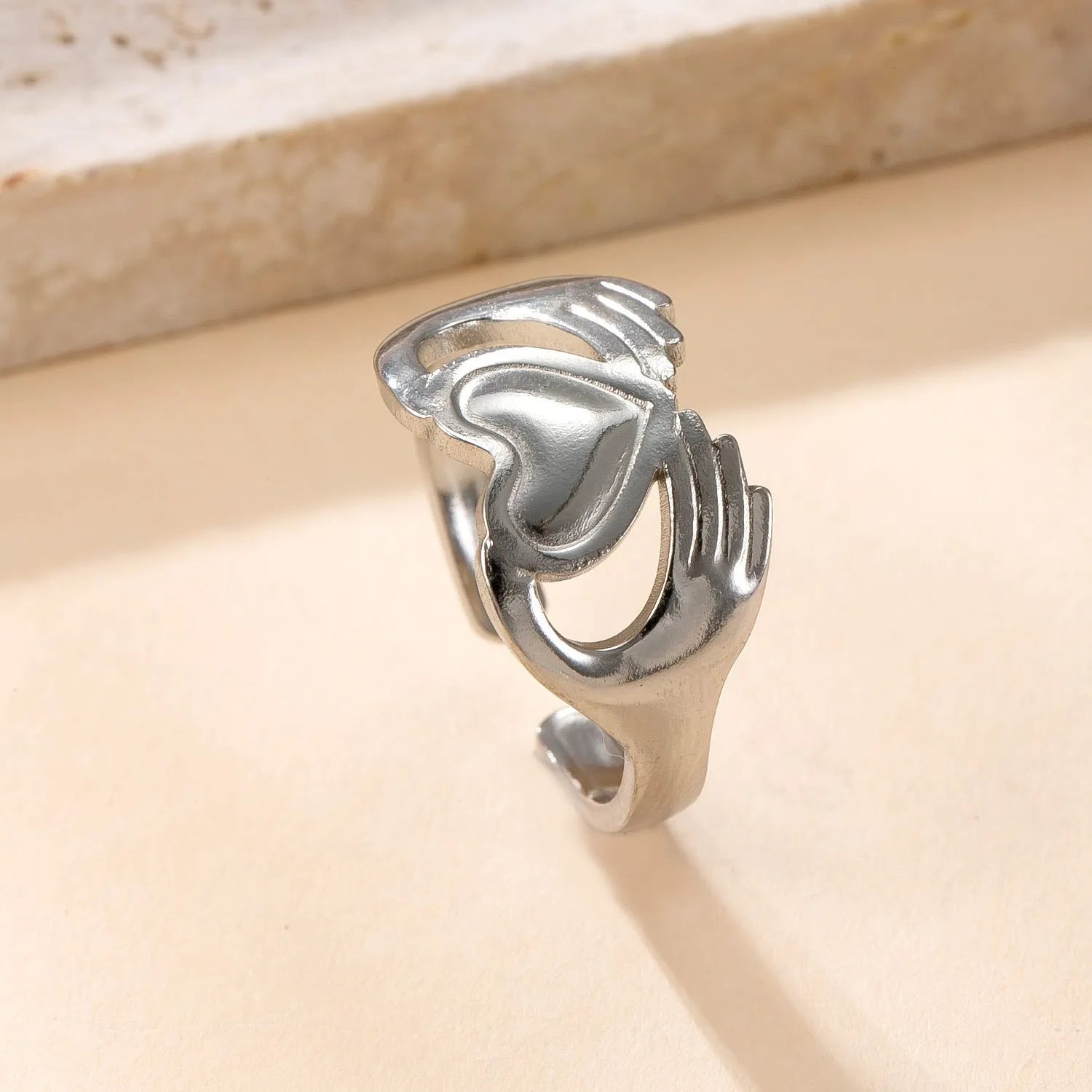 Stainless steel open ring with hollow star and moon design, electroplating finish, unisex average size.