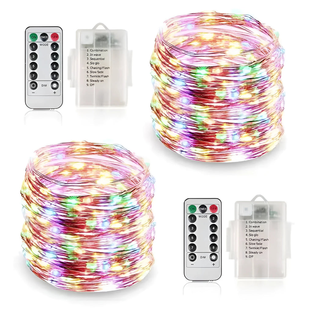 12-metre long copper wire LED string lights with 120 bulbs and a USB plug, displayed with a light post.
