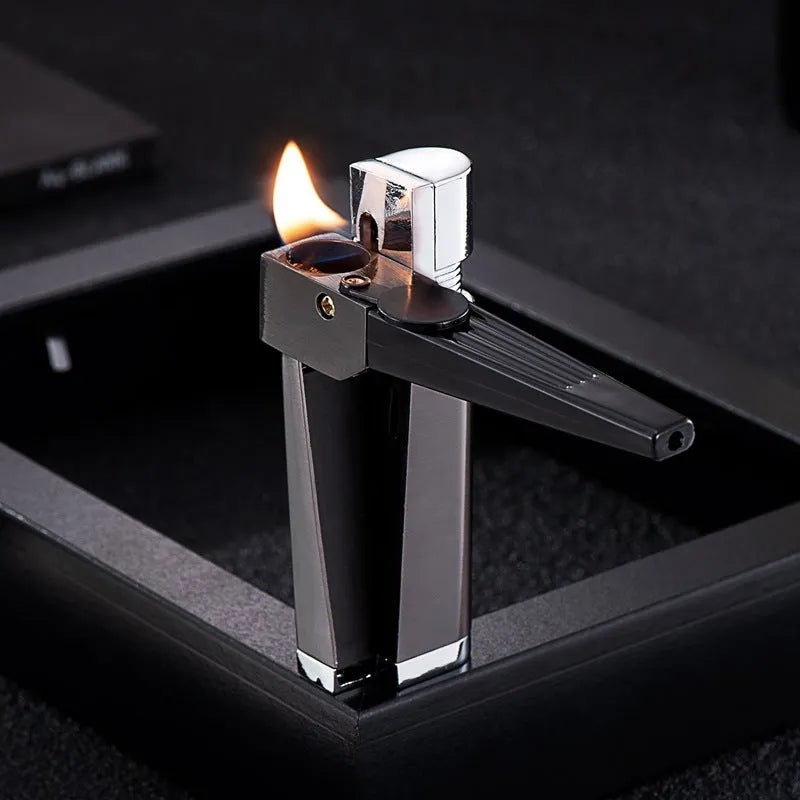 Refillable metal pipe lighter with foldable cover and built-in smoking bowl