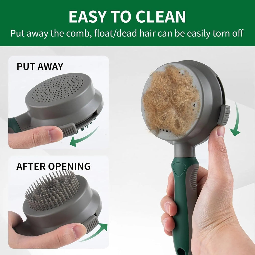 Green and pink two-sided silicone pet grooming brush with retractable slicker brush and octopus-teethed massager
