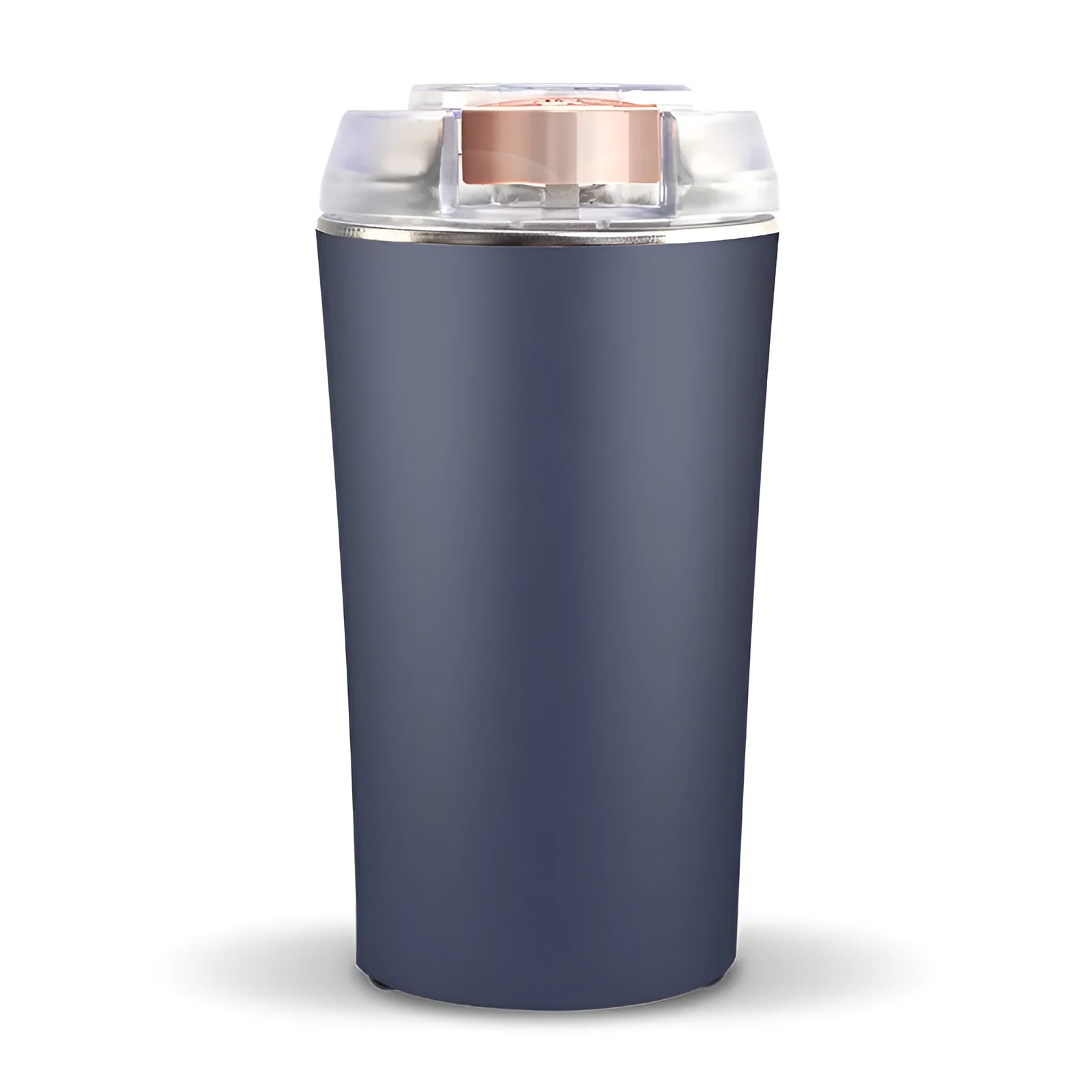 Blue mini food grinder and flour mill with stainless steel construction on a kitchen countertop.