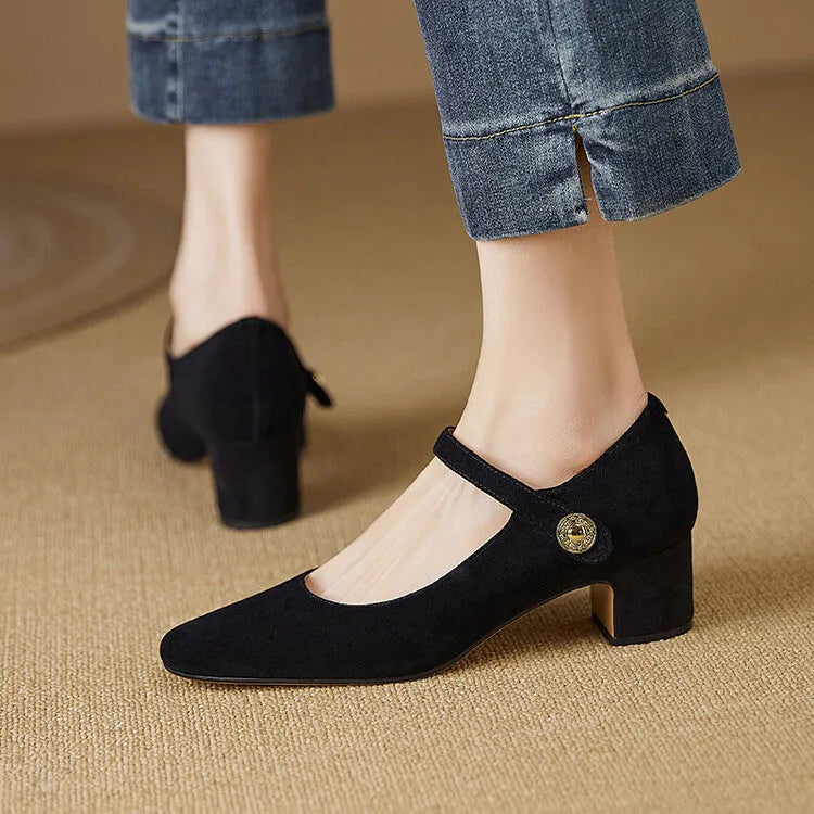 Women's black suede Mary Jane pumps with a square toe and chunky low block heel.