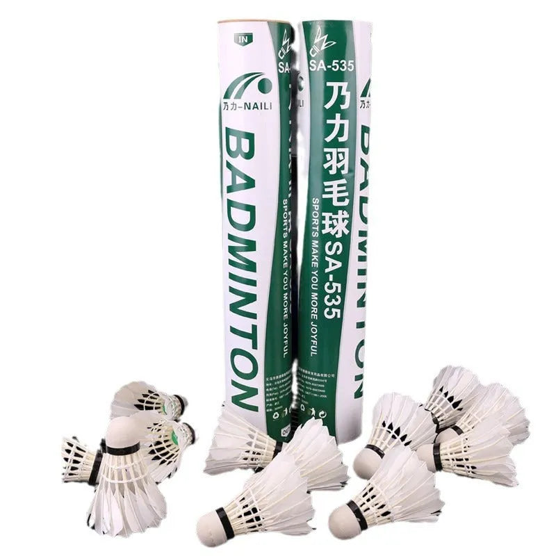 White nylon badminton shuttlecocks in a 12-piece pack on a bright background
