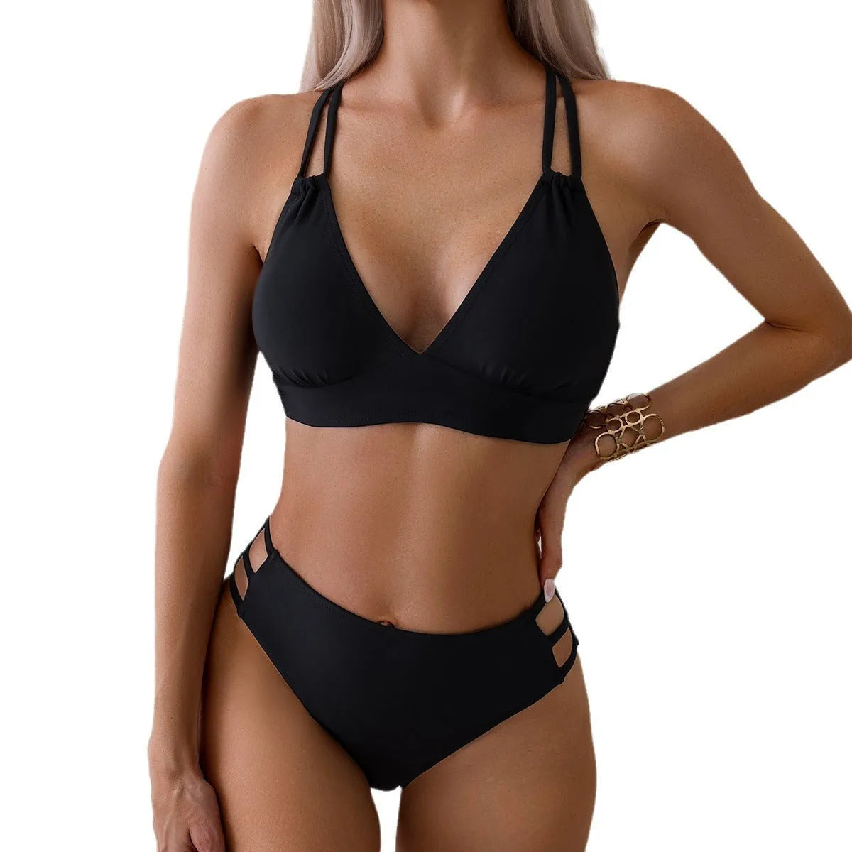 Women's V-neck halter bikini swimsuit set in nylon fabric with split-style bottoms