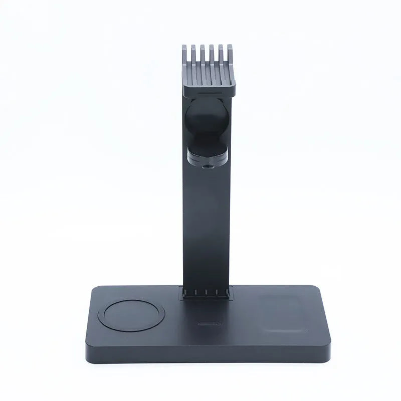 Black multi-function wireless charging station with USB ports for phones watches and headphones