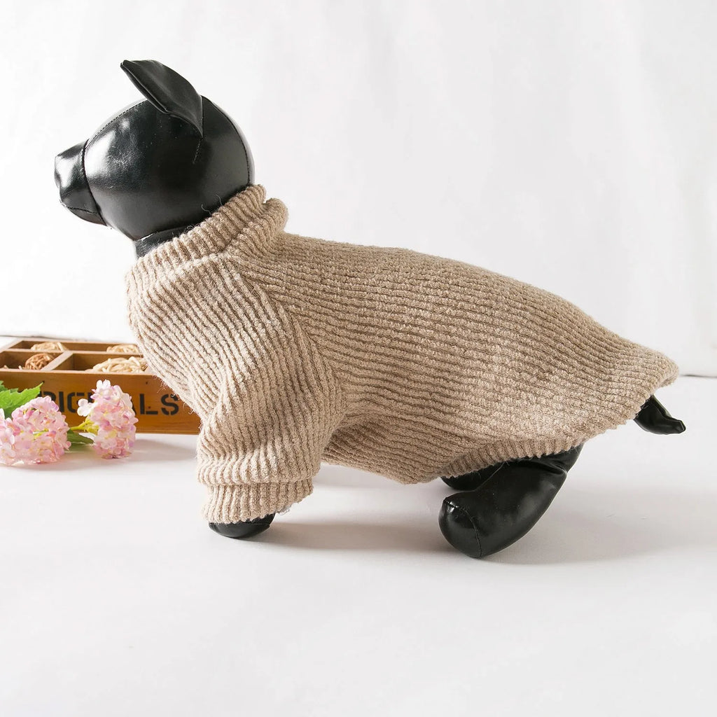 Brown cloth sweater pullover on a small dog, suitable for Bichon or Pomeranian breeds.