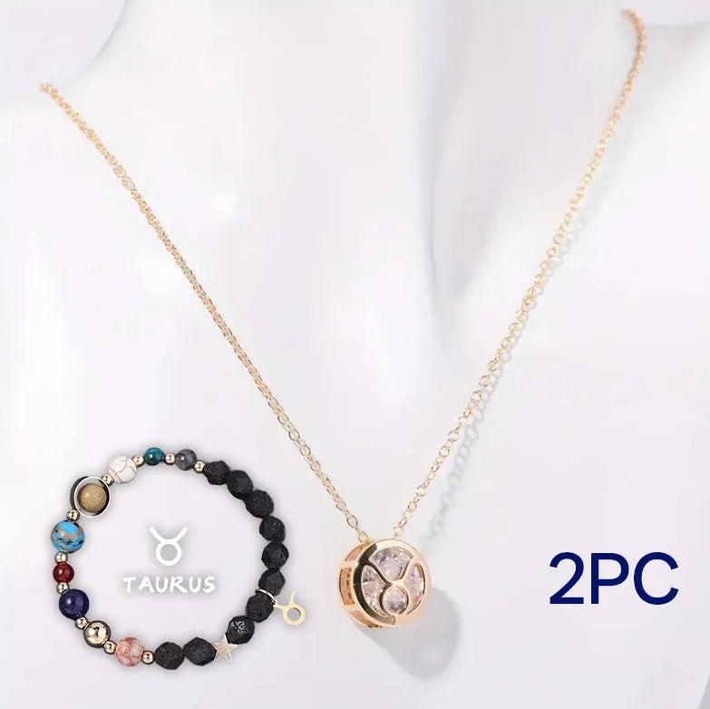 Natural stone beaded necklace and matching bracelet set laid flat, showing various bead colours and styles.
