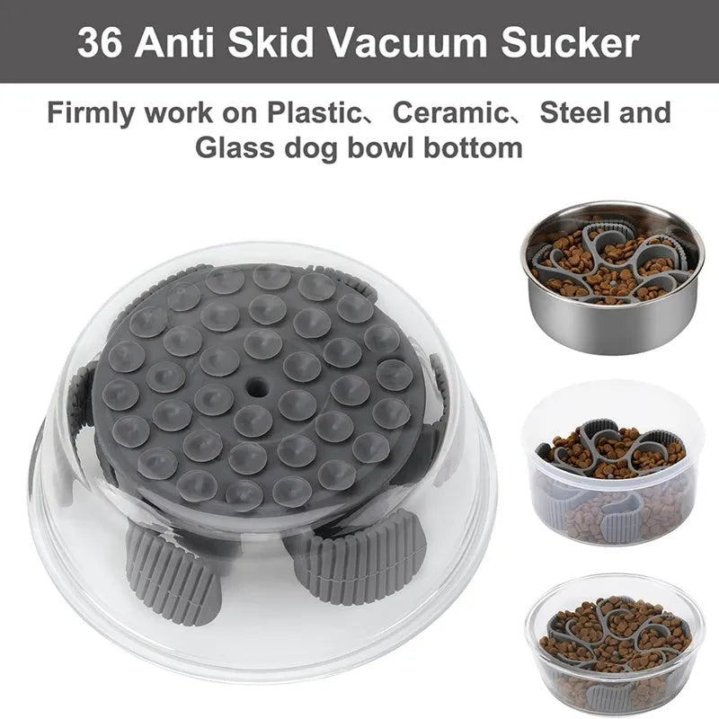 Red silicone dog slow feeder insert with spiral design and suction cups for bowl.