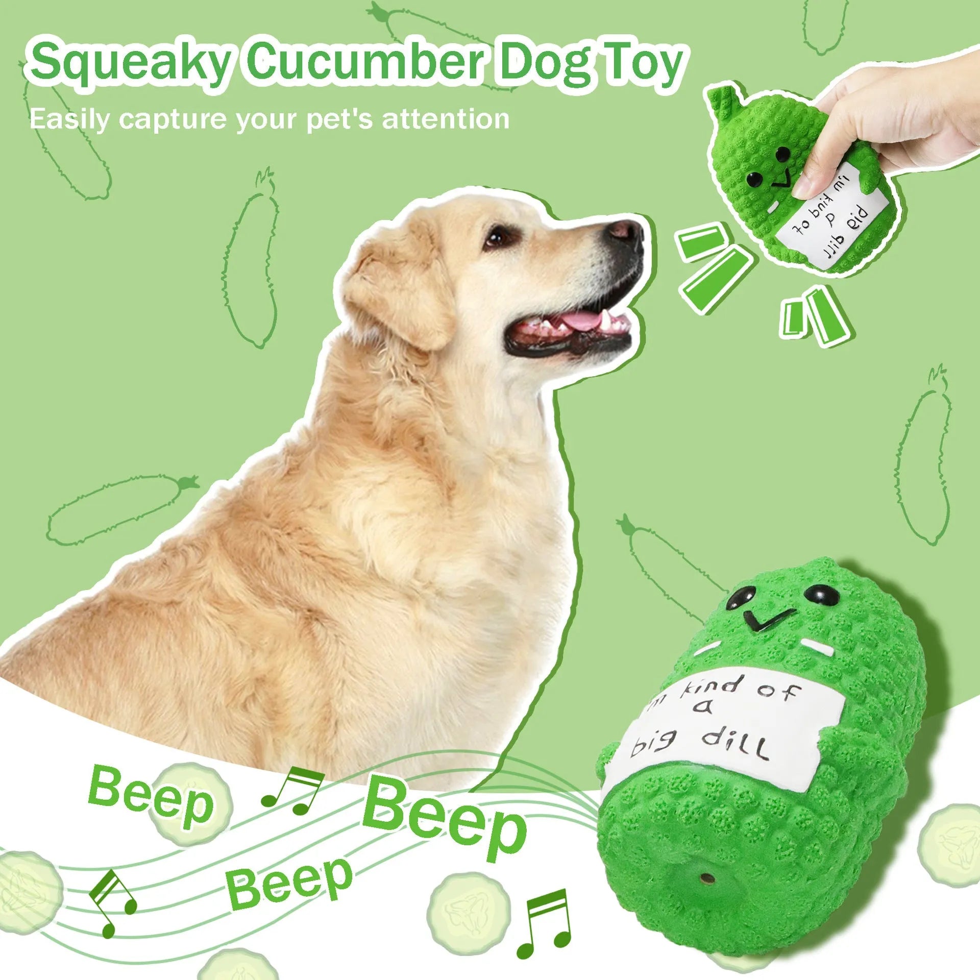 Bright green latex pickle-shaped dog chew toy with textured surface and squeaker inside.