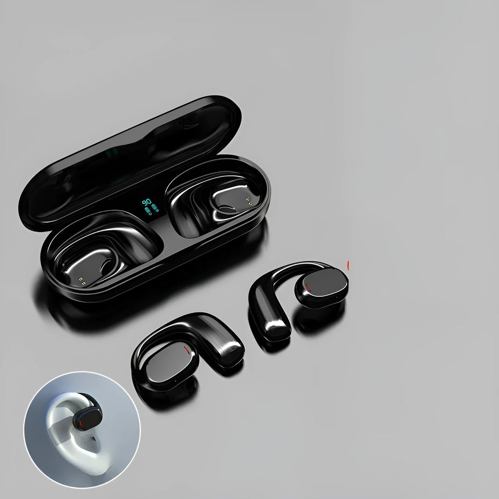 Black and white wireless Bluetooth earpluds with NFC charging case showing bilateral stereo design