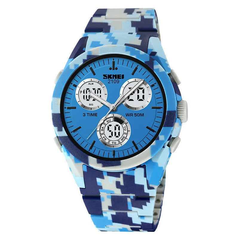 Casual digital watch with a camouflage strap and a digital display, showing 50m waterproof rating.