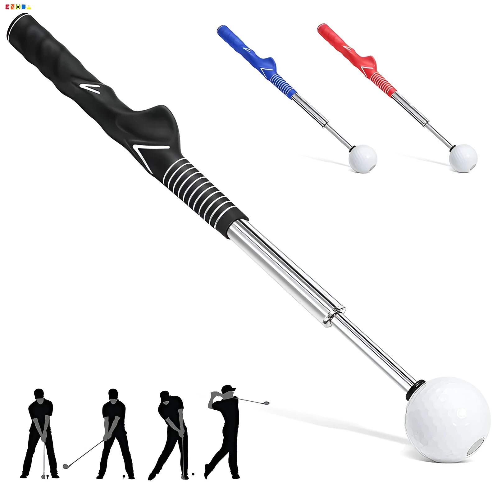 Stainless steel telescopic golf swing simulator trainer in black, blue, and red colours.