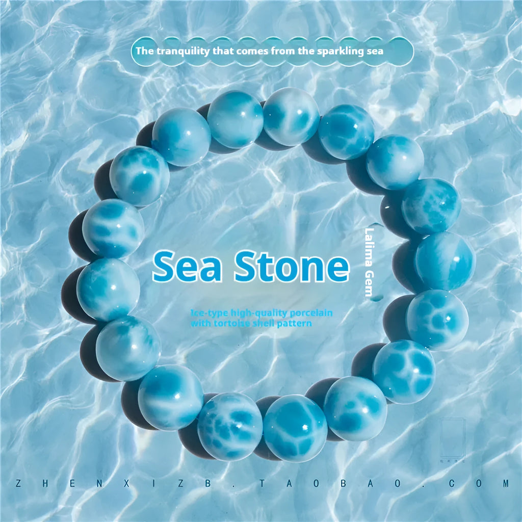 Handmade blue Bodhi bracelet with natural crystal sea-pattern bead and freshwater pearl