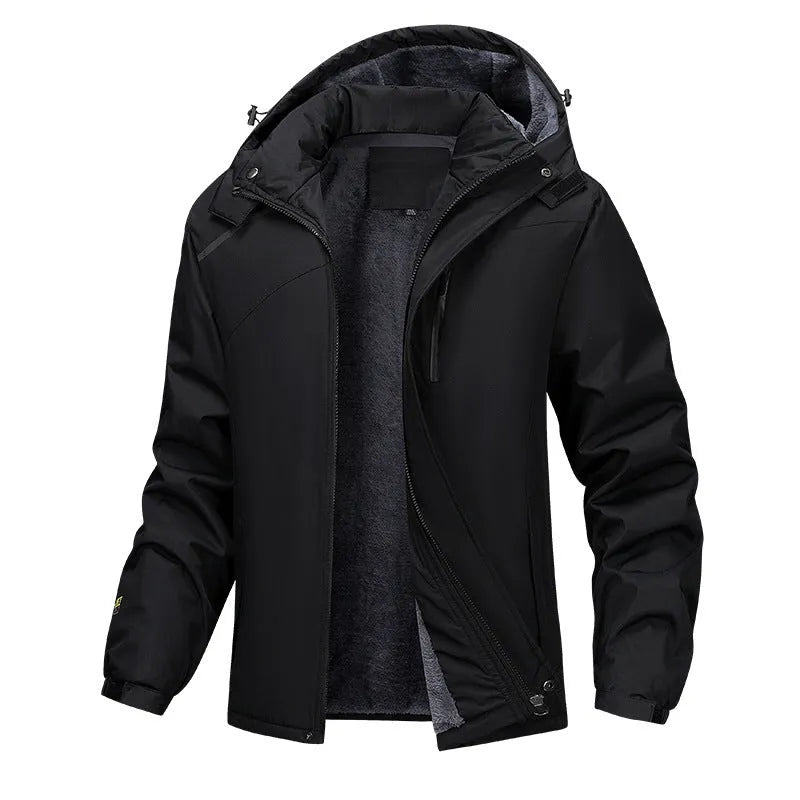 Men's plus size waterproof hooded coat in army green with visible hood and front zip