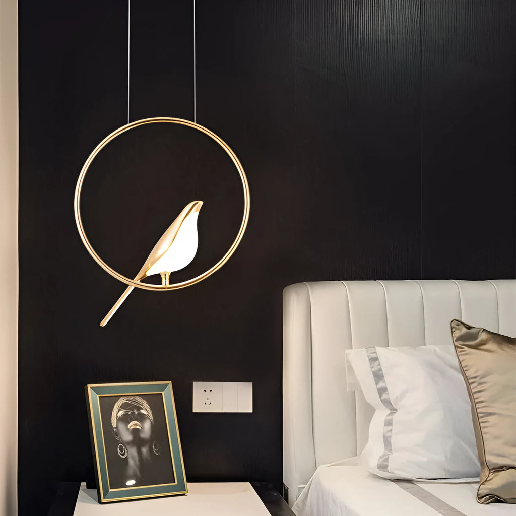 Modern minimalist magpie bird shaped chandelier with zinc alloy and acrylic construction.