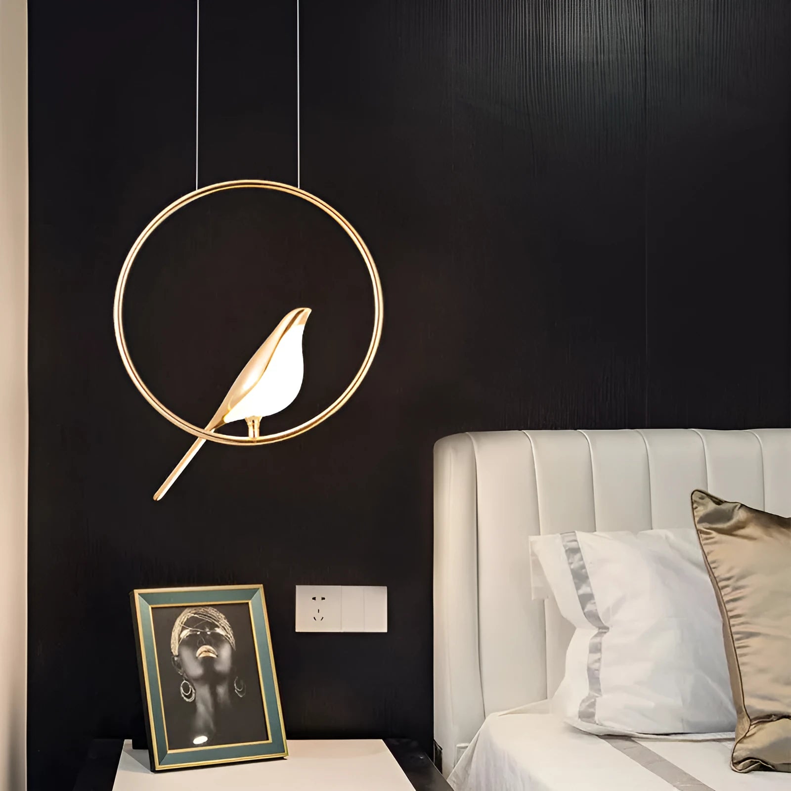 Modern minimalist magpie bird shaped chandelier with zinc alloy and acrylic construction.