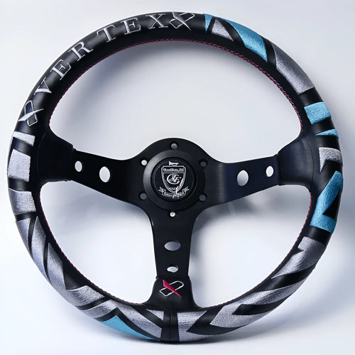 Black deep concave alloy racing steering wheel showing 330mm diameter and Vertex design options.