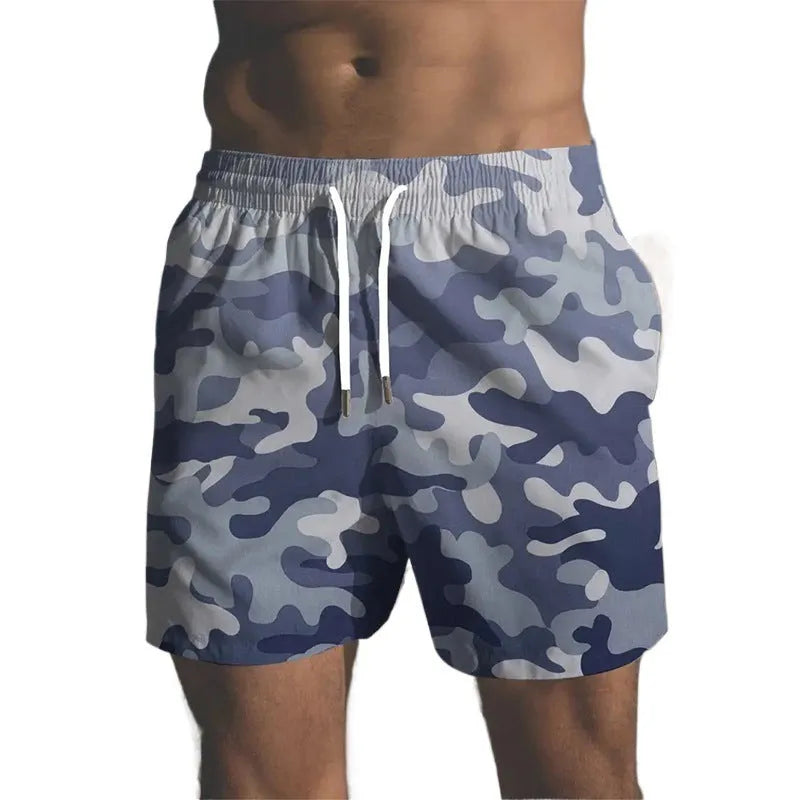 Men's polyester beach shorts with printed streetwear design and elastic waistband