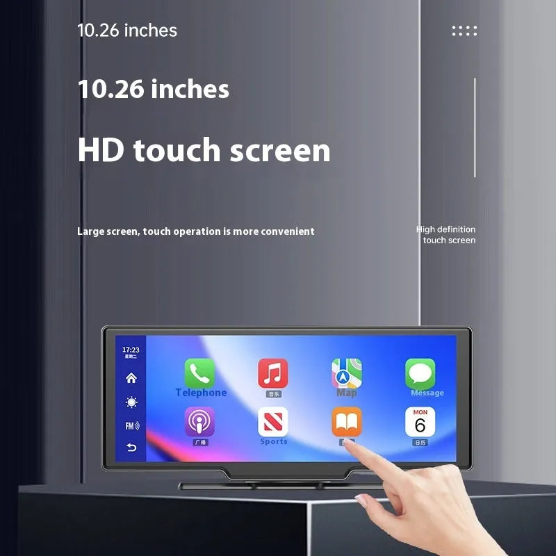 10-inch car touch screen display showing navigation map and dash cam footage