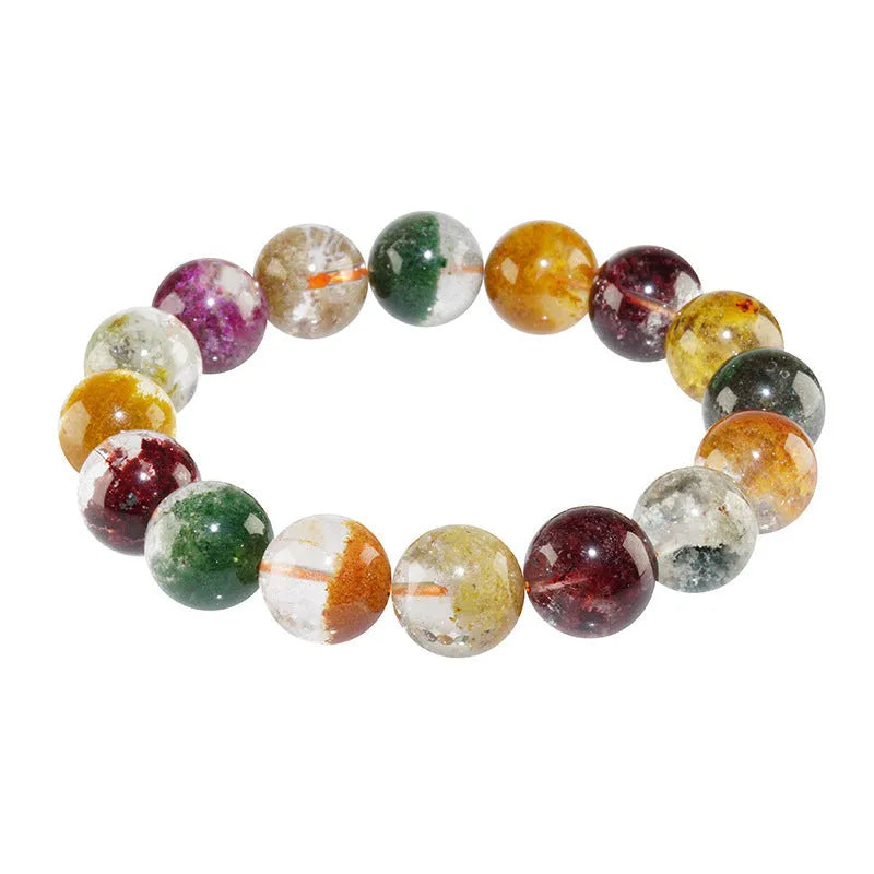Colourful crystal bracelet with 10mm ball beads showing ghost cornucopia design in ethnic style