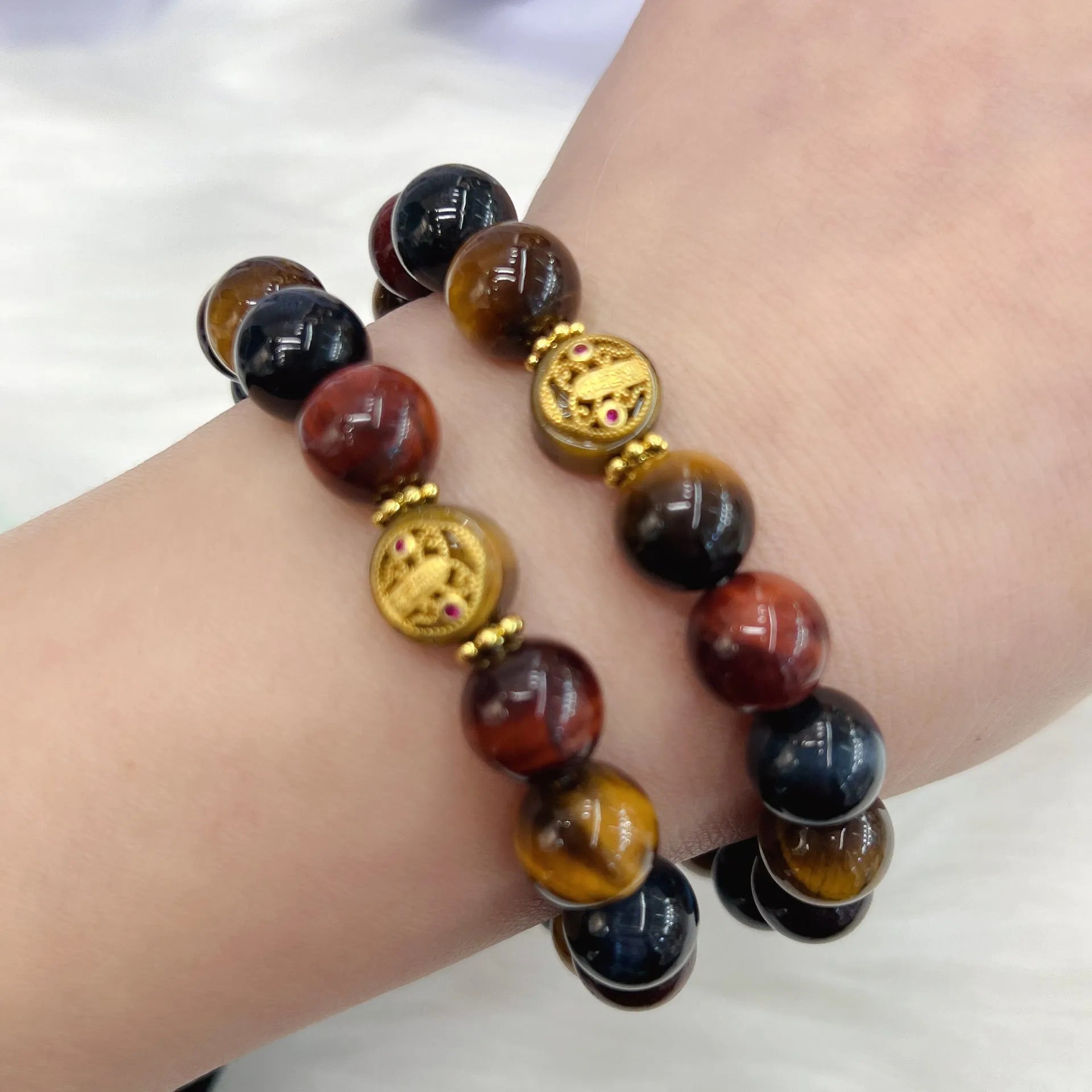 Natural tiger eye stone bracelet with loose round beads in Maillard style, 18cm length