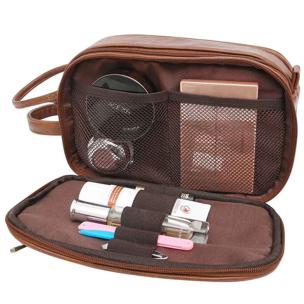 Men's black or brown PU toiletry travel bag for grooming essentials