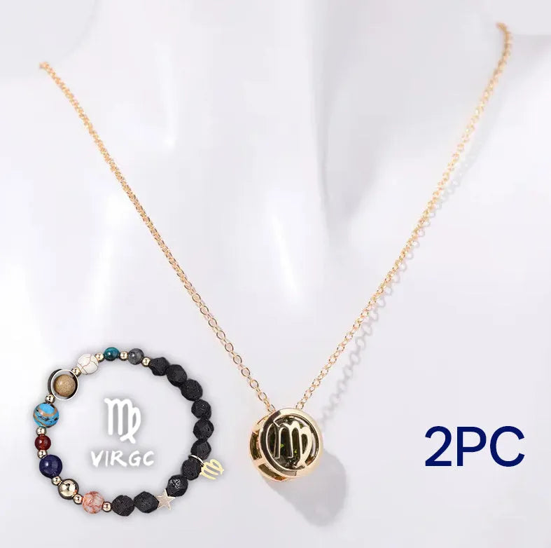Natural stone beaded necklace and matching bracelet set laid flat, showing various bead colours and styles.