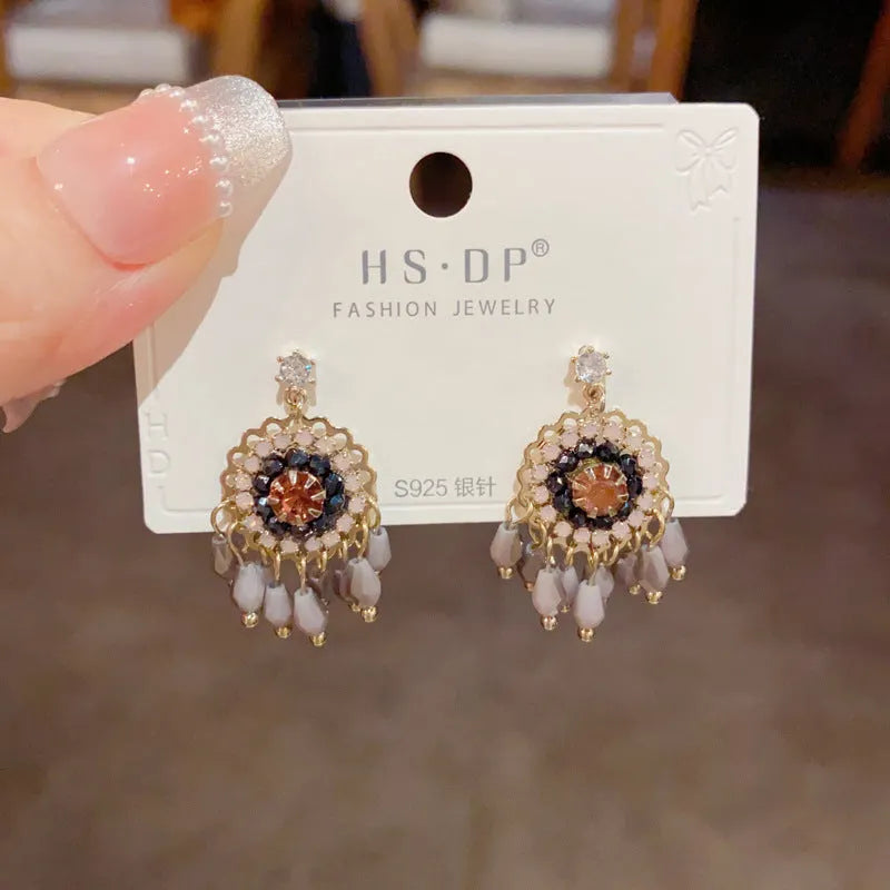 Geometric line design crystal tassel earrings with thick gold plating