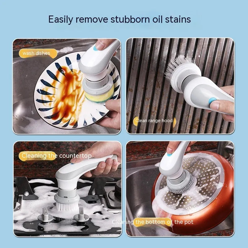 Cordless electric cleaning brush with rotating scrubber head and multiple brush attachments