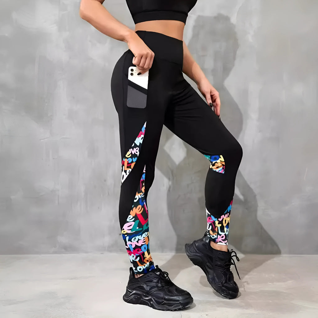 Women's high waist yoga leggings with contrast patchwork pattern and side pockets