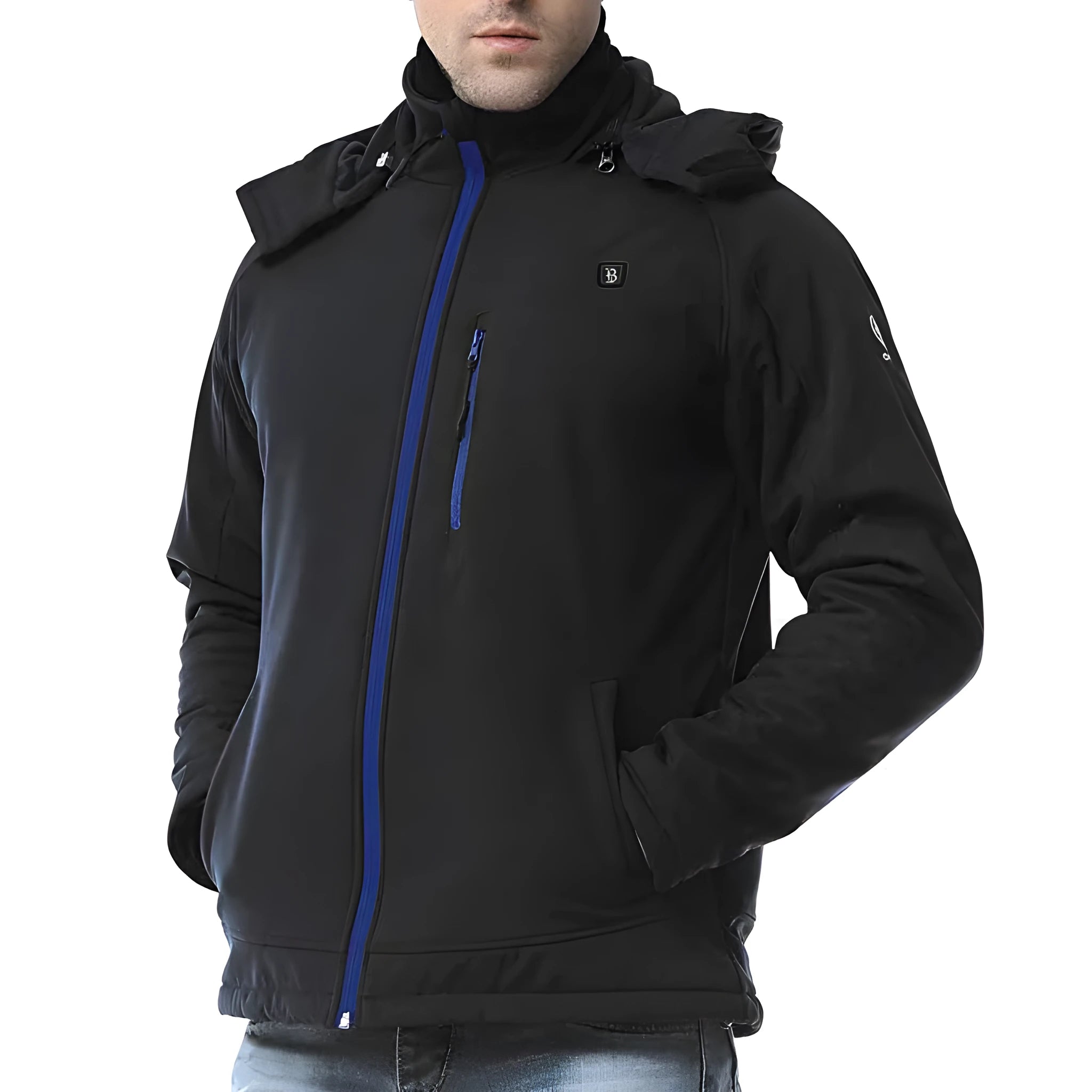 Black USB heated winter coat for men with waterproof windproof polyester construction and electric heating pockets