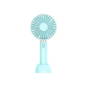 Blue mini handheld USB electric fan with three-speed control on desktop