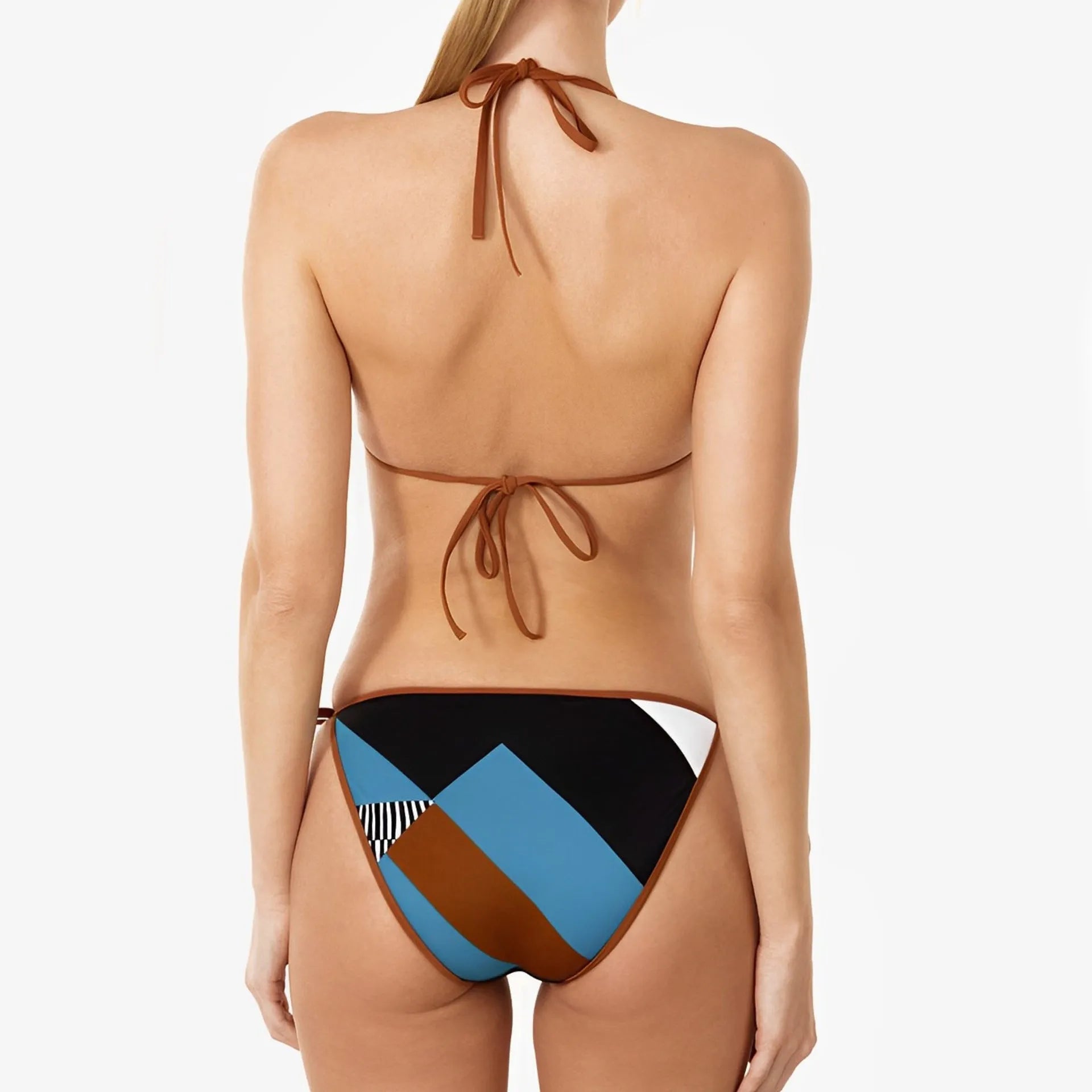 Women's skinny print backless bikini swimsuit set in polyester fibre.
