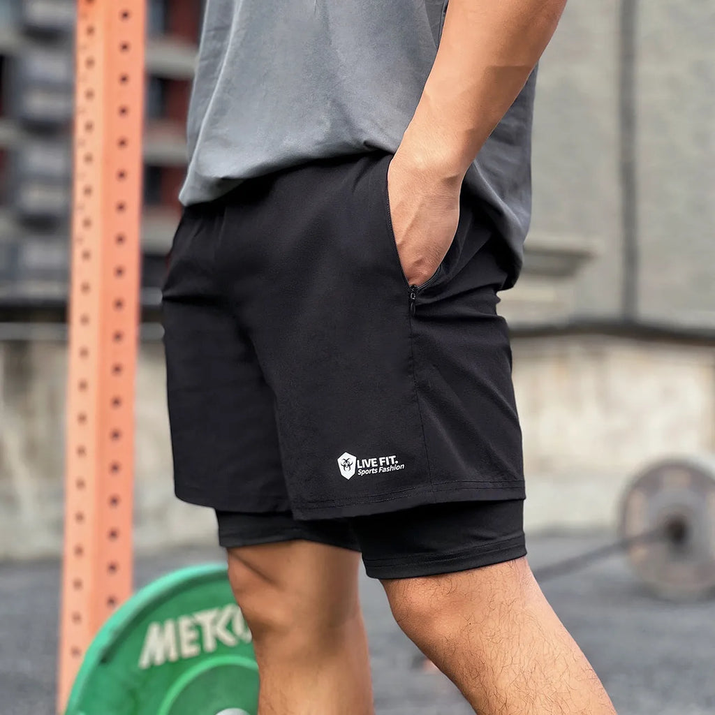 American style quick drying zippered shorts for men in grey, size M, front view
