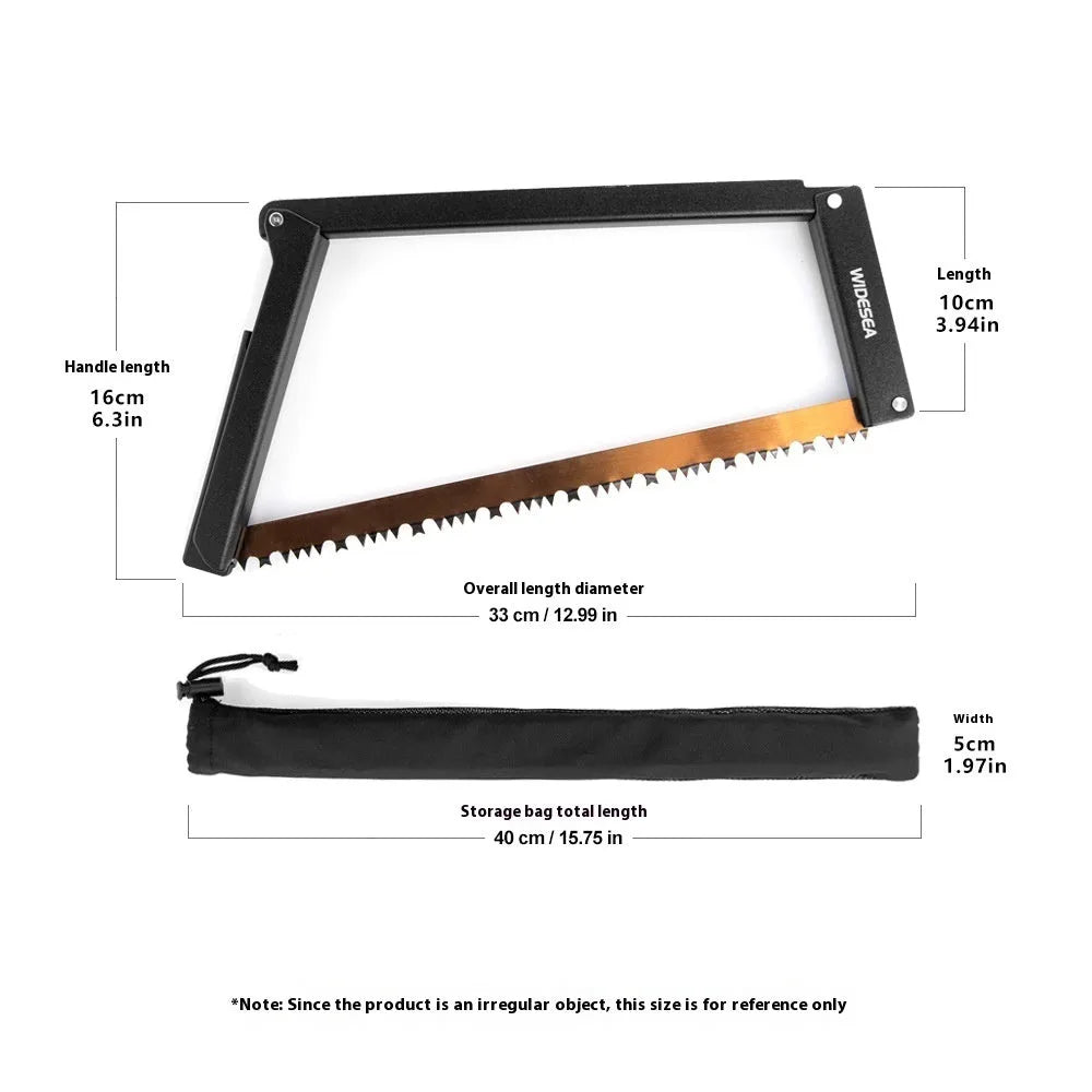 Black foldable outdoor survival saw with aluminium frame in open and closed positions.