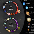 Set of two natural stone beaded bracelets with zodiac sign charms on an elastic cord.