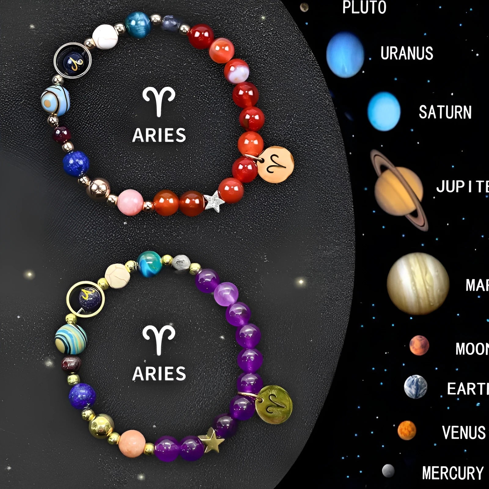 Set of two natural stone beaded bracelets with zodiac sign charms on an elastic cord.