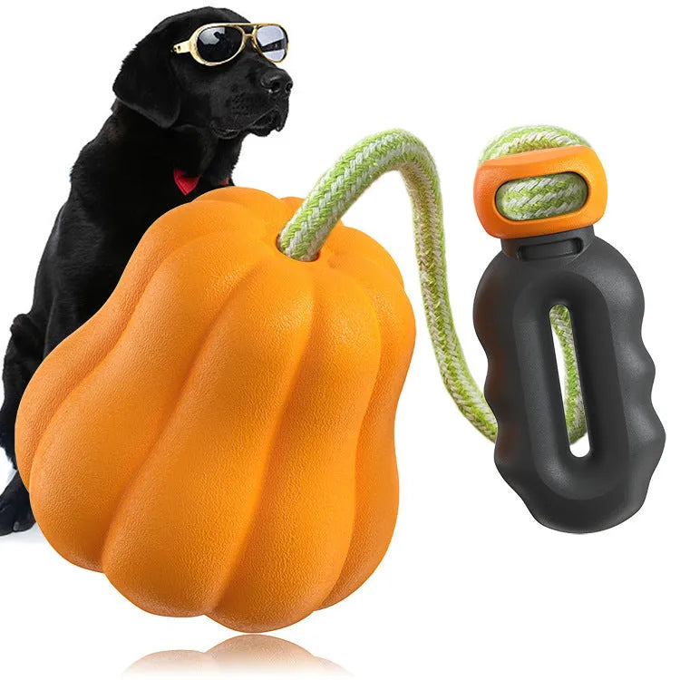 Pumpkin-coloured plastic dog chew toy with an attached rope for fetch and biting.
